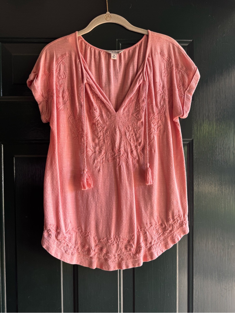Lucky Brand Pink Embroidered V-Neck Tassel Top